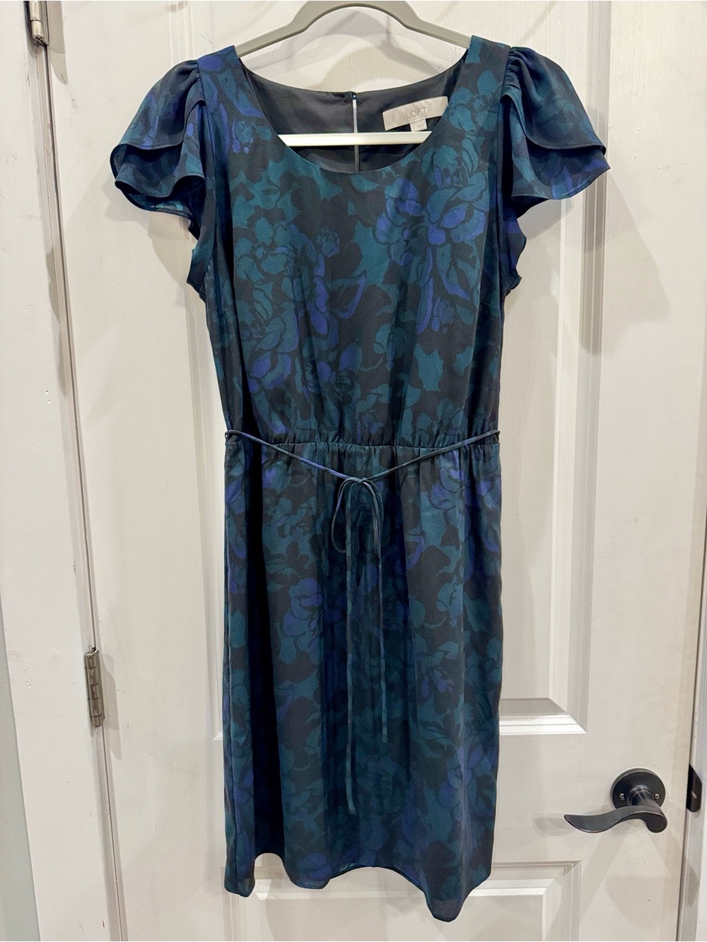 LOFT short sleeve A-line floral print flutter sleeve dark teal and royal blue